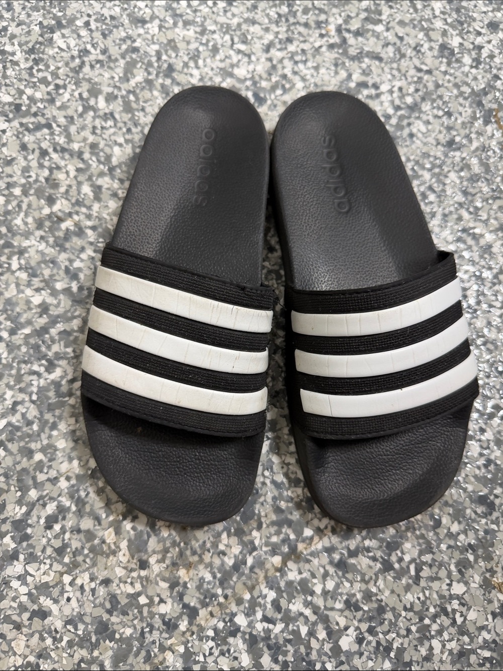 adidas Black Slides with White Three-Stripes- Boys Size 4